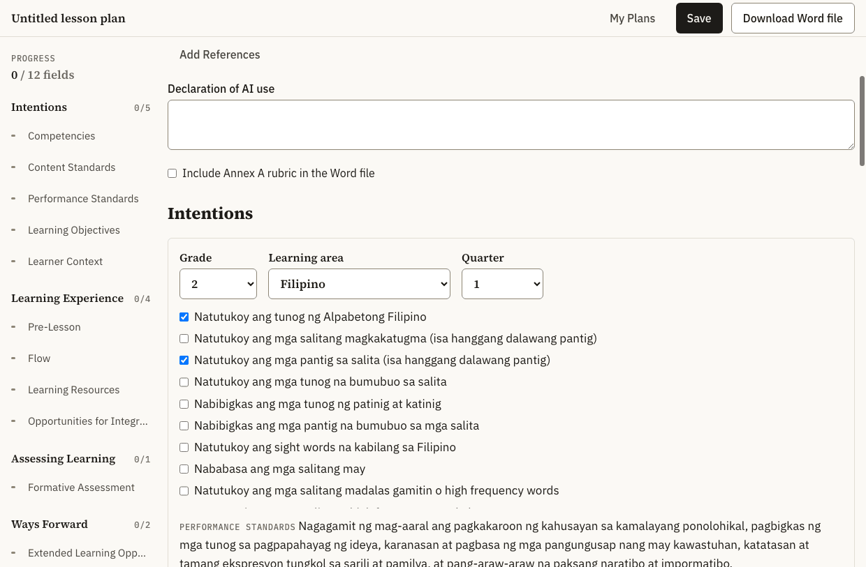 The Hubmatch editor with the curriculum picker open. Grade 2, Filipino, Quarter 1 are selected, and the Grade 2 Filipino competencies are listed as checkboxes with two ticked. The quarter's performance standard is shown beneath the list.